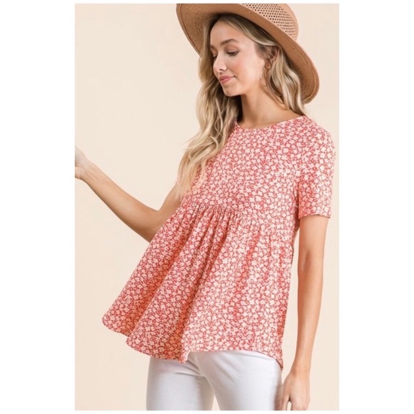 CLEARANCE Ditsy Coral Floral Short Sleeve Babydoll Top - Picture 4 of 5